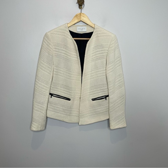 Sandro Vladia Textured Woven Cotton Blazer Jacket in Ecru - Picture 5 of 9